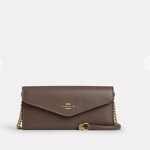 Coach Dark Brown Leather Clutch with Gold Chain